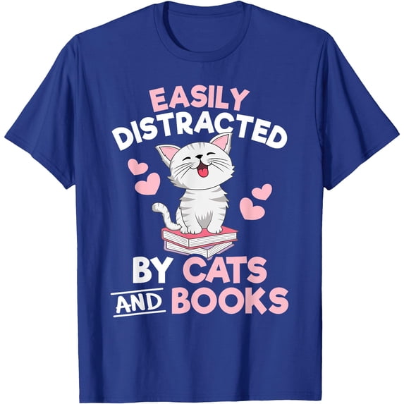Easily Distracted By Cats and Books Cute Cat Book Lover Unisex T-Shirt for Men Women Kids Toddler