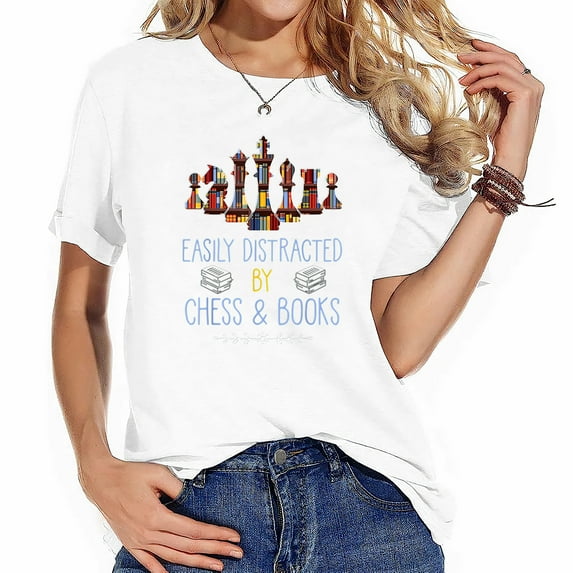 Easily Distracted By Chess And Books Funny Cute Women's Graphic Print T-Shirt - Soft and Comfortable Short Sleeve Top