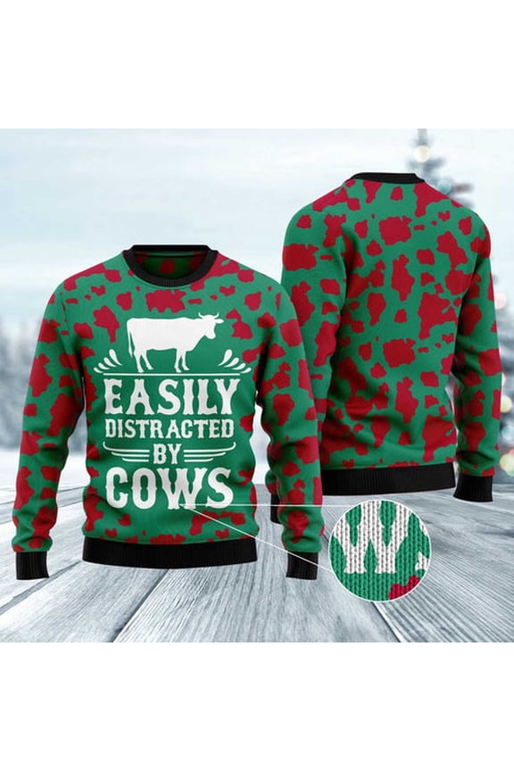 Easily Distracted By Cows 3D Christmas Sweater, Funny Xmas Sweater, Sweater Xmas