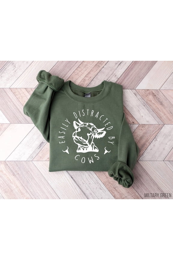 Easily Distracted By Cows Sweatshirt, Cute Aesthetic Animal Sweater, Cow Sweater, Farm Love Shirt, Cozy Cow Sweater, Saying Tshirt All Size S-5XL