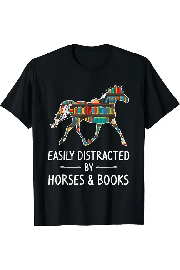 Easily Distracted By Horses & Books Lover Gift Hare Mare T-Shirt