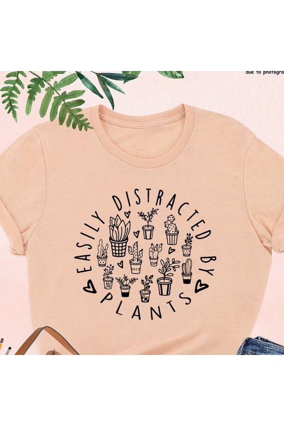 Easily Distracted By Plants Funny Plant Lover T-Shirt Retro Botanical Succulent Cactus Graphic Tee Women's Unisex Casual Top