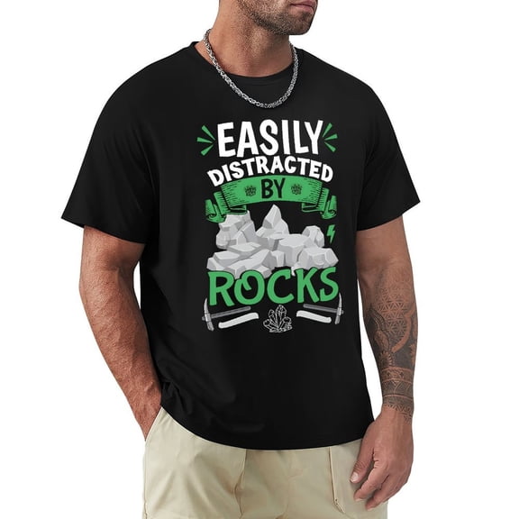 Easily Distracted By Rocks Men's Cotton HD Print Short Sleeve T-Shirt Crew Neck Top Black 3XL