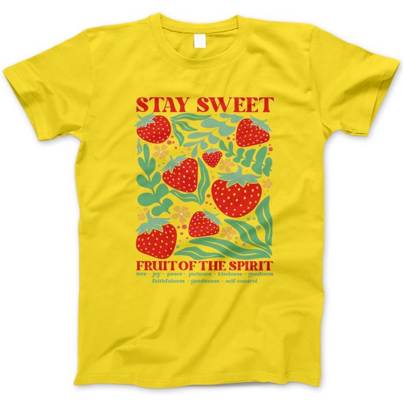 Stay Sweet Fruit of the Spirit Graphic T-Shirt – Women’s Short Sleeve Tee Shirt with Strawberries, Bible Verse, and Inspirational Christian Design