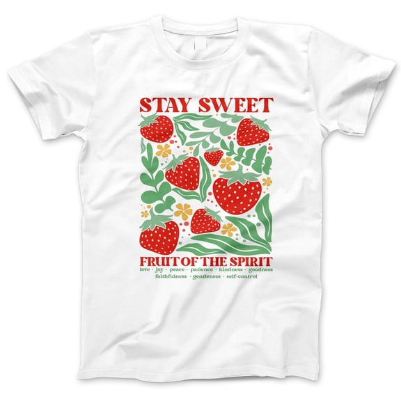 Stay Sweet Fruit of the Spirit Graphic T-Shirt – Women’s Short Sleeve Tee Shirt with Strawberries, Bible Verse, and Inspirational Christian Design