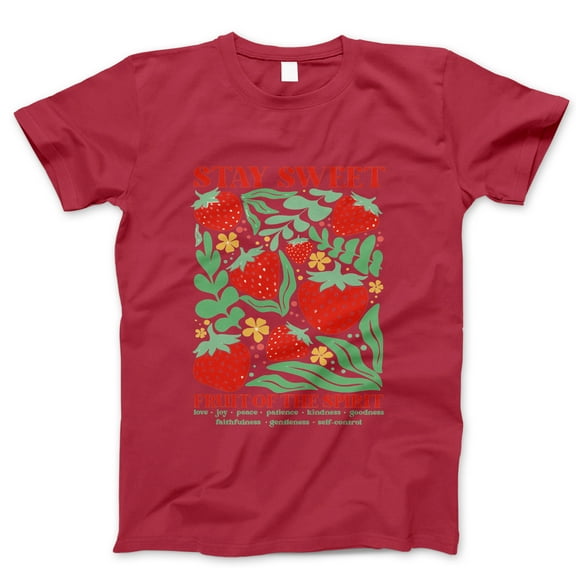 Stay Sweet Fruit of the Spirit Graphic T-Shirt – Women’s Short Sleeve Tee Shirt with Strawberries, Bible Verse, and Inspirational Christian Design