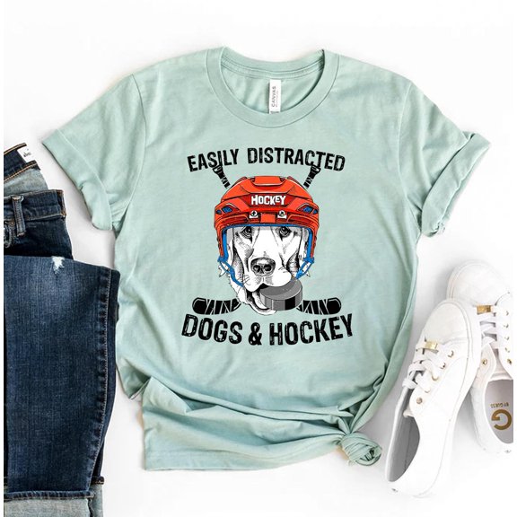 Easily Distracted Dogs And Hockey T-shirt Fan Shirt Sports Coach Gift Mom Puppy Tee Animal Top