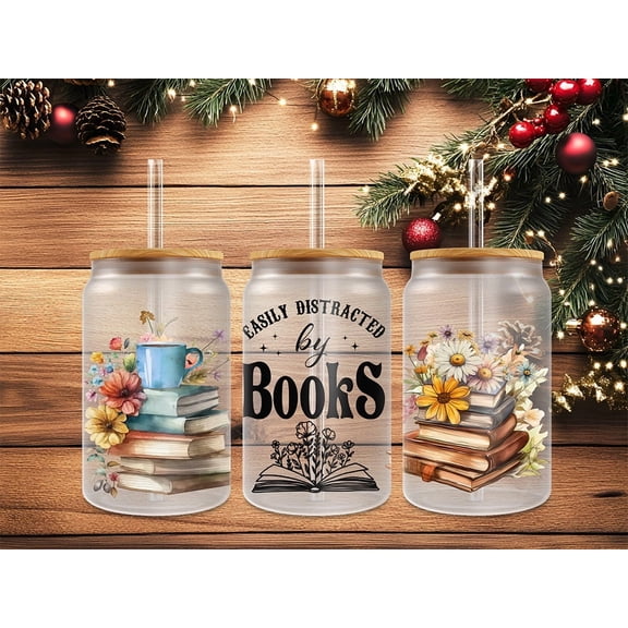 "Easily Distracted by Books" 16 oz Frosted Glass Can Cup with Bamboo Lid and Straw - Perfect Gift for Book Lovers