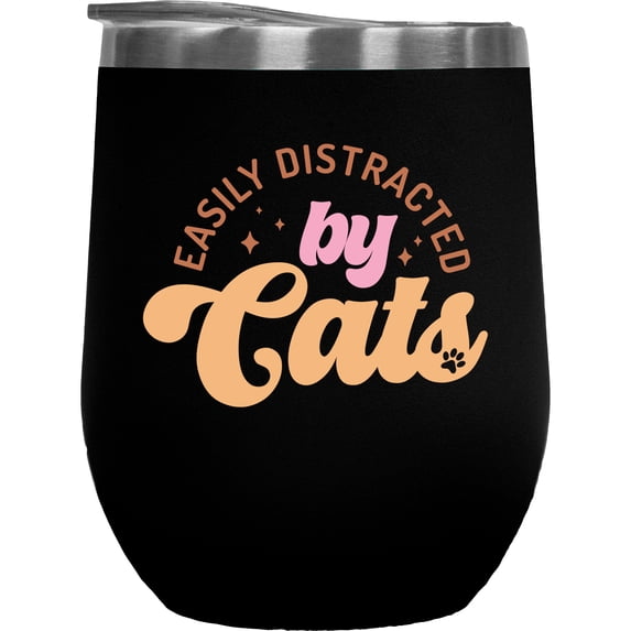 Easily Distracted by Cats, Paw Print Art Merch Gift, Black 12oz Wine Tumbler
