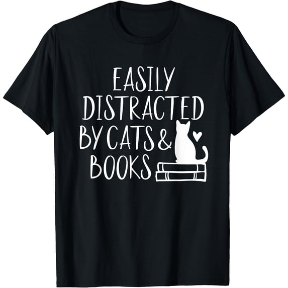 Easily Distracted by Cats and Books - Cute Book Lover Unisex T-Shirt for Men Women Kids Toddler,Black Color,Size 2XL