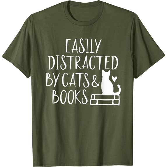 Easily Distracted by Cats and Books - Cute Book Lover Unisex T-Shirt for Men Women Kids Toddler,Military Green Color,Size 3XL