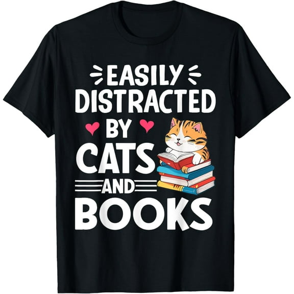 Easily Distracted by Cats and Books Cute Cat And Book Lovers T-ShirtMen and women, White Black T-shirt, size: Extra large S-522XL