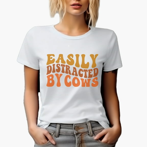 Easily Distracted by Cows, Cow Lover or Farmer Quote, Groovy Retro Wavy Text Merch Gift, White T-Shirt, Small