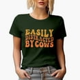 thumbnail image 1 of Easily Distracted by Cows, Cow Lover or Farmer Themed Quote, Groovy Retro Wavy Text Merch Gift, Military Green T-Shirt, Small, 1 of 5