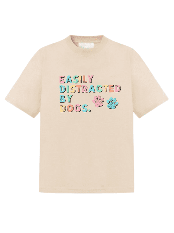 Easily Distracted by Dogs T Shirt, Funny Dog Lover Graphic Tee, Cute Paw Print Tshirt, Pet Mom Gift for Women and Dog Owners