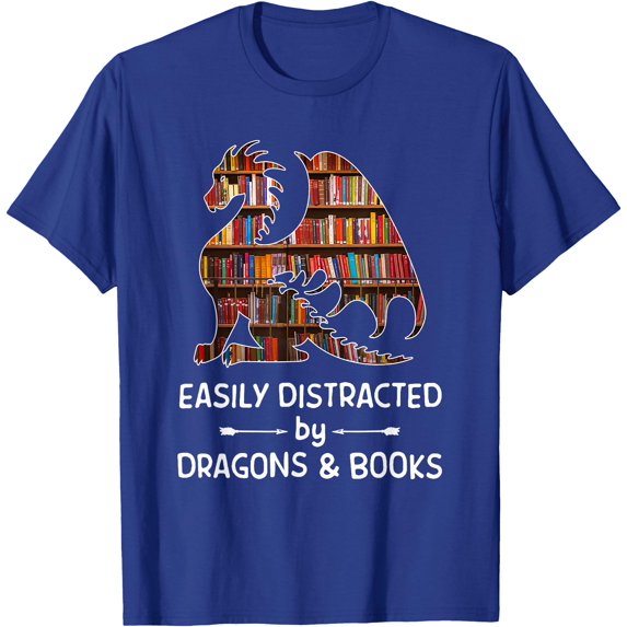 Easily Distracted by Dragon and Books nerds Unisex T-Shirt for Men Women Kids Toddler,Royal Blue Color,Size 2T