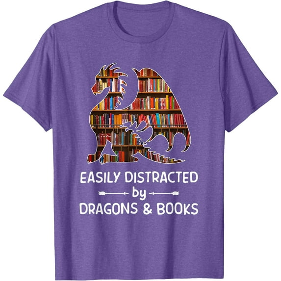 Easily Distracted by Dragon and Books nerds Unisex T-Shirt for Men Women Kids Toddler,Violet Color,Size 5XL