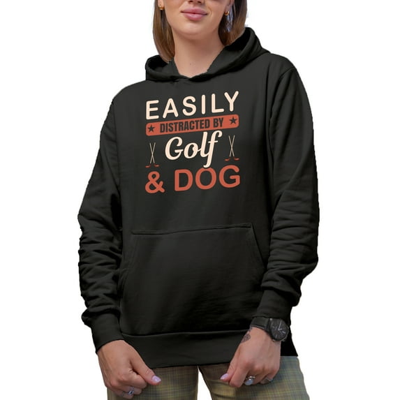 Easily Distracted by Golf & Dog Quote with Clubs, Golf Player, Golfing or Golfer Themed Merch Gift, Black Hooded Sweatshirt or Hoodie, 3XL