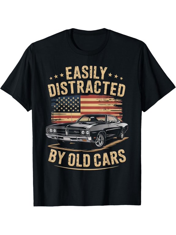 Easily Distracted by Old Cars Classic Car Guy Funny Vintage Mens T-Shirt