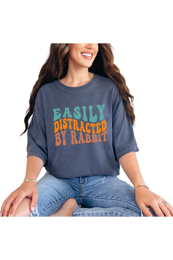 Easily Distracted by Rabbit, Bunny Lovers Themed, Groovy Retro Wavy Text, Denim Comfort Colors T-Shirt, Small