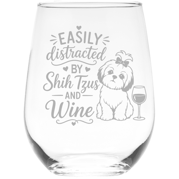 C&M Personal Gifts 17 oz Easily Distracted by Shih Tzus and Wine Funny Stemless Wine Glass