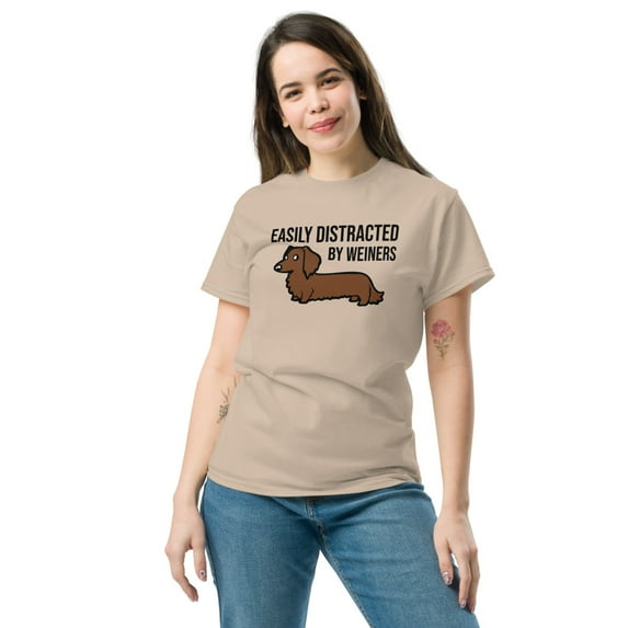 Easily Distracted by Wieners Tee: For the True Dachshund Fan (Sand, S)