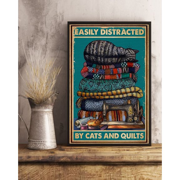 Easily distracted by cats and quilts poster, Knitting Lovers Gifts, Knowledge Poster, Quilting Lover, Vintage Poster, Painting Art, Dining Room Wall Decor Ideas, Art Deco Frameless 20x30inch