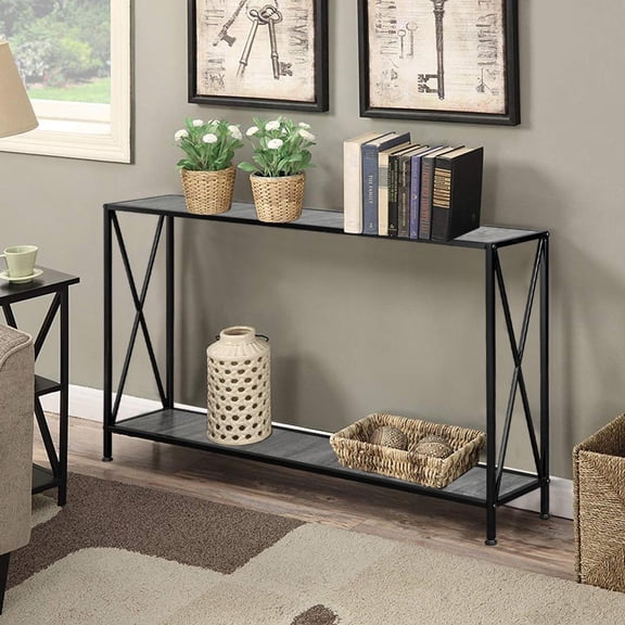 EasingRoom 2 Tier X-Design Console Entryway Hallway Table Sofa Table Computer Desk with Storage Shelves Organization Gray