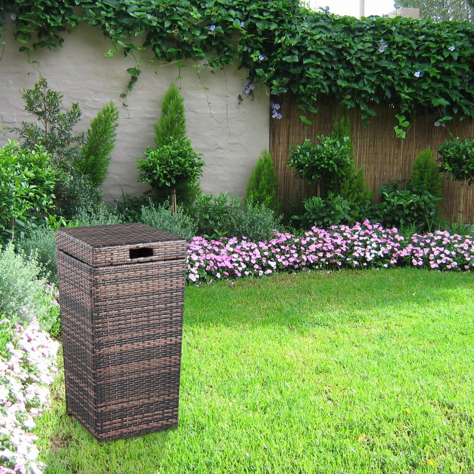 EasingRoom 26 Gallon Resin Wicker Decorative Outdoor Patio Trash Hideaway, All Weather Wicker Storage Box for Outdoor and Indoor, Brown