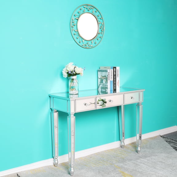 EasingRoom 3-Drawer Mirrored Makeup Table,Mirrored Console Desk Glass Vanity Dressing Table Furniture with Storage for Hallway,Living Room,Foyer,Silver