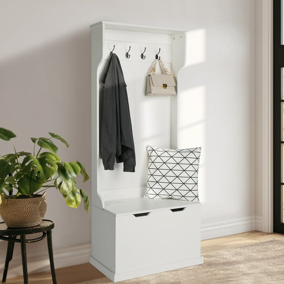 EasingRoom 3-In-1 Hall Tree Storage Bench and Coat Rack with 4 Hooks for Entryway Hallway Living Room Bedroom, White