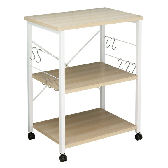 EasingRoom 3-Tier Kitchen Baker's Rack, Microwave Oven Stand Shelf Cart on Wheels with 10 Hooks, Kitchen Island Cart, Beige
