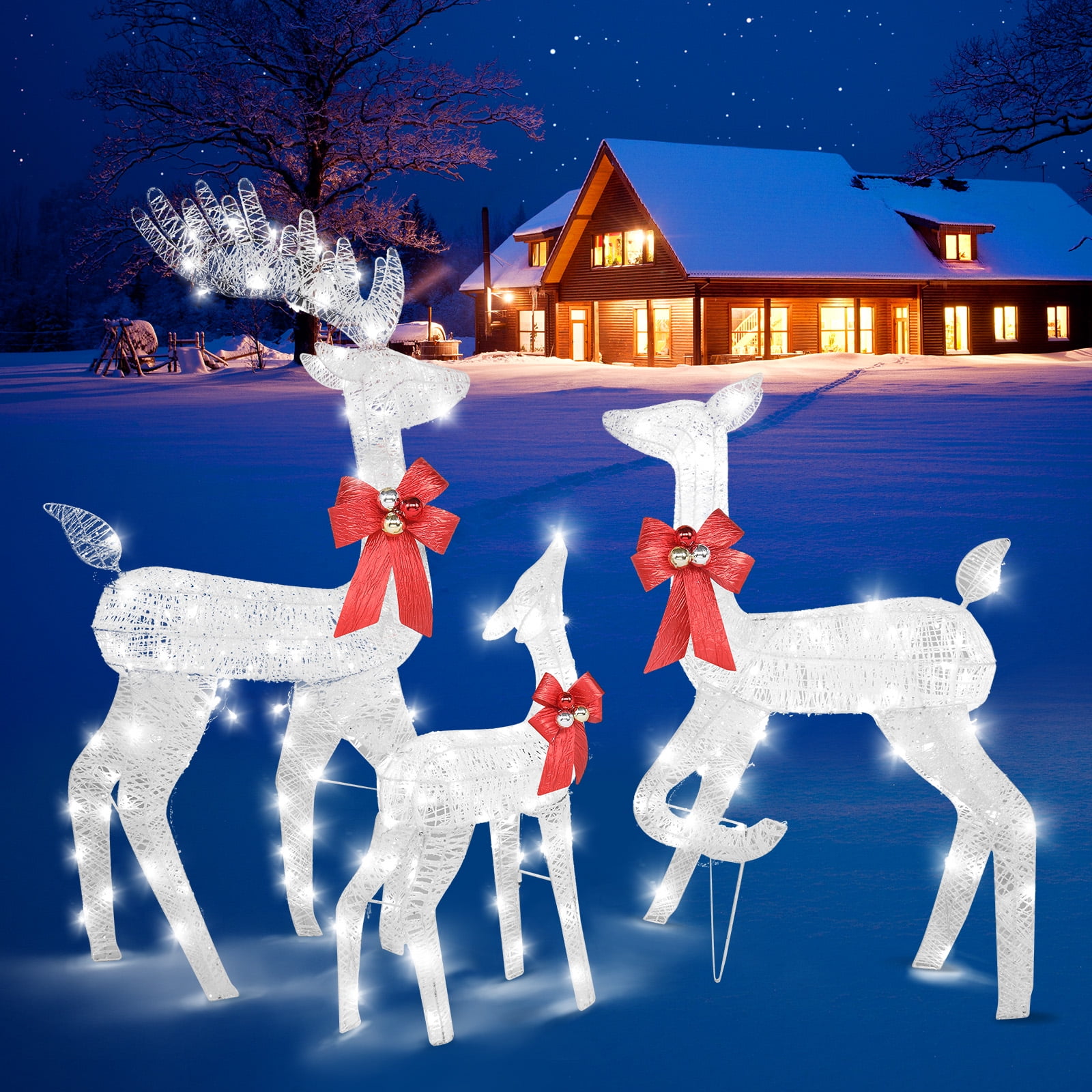 EasingRoom Decoration LED Lights 3Piece Lighted Christmas Deer Set Outdoor Yard Silver
