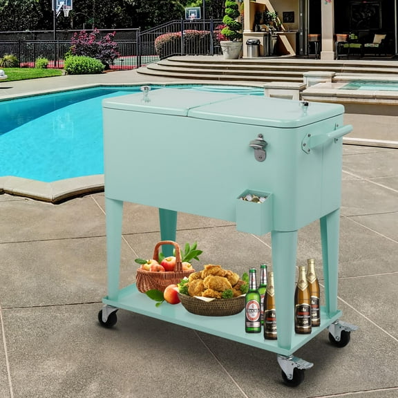 EasingRoom Iron Spray Plastic Patio Cooler Cart with Tray Cooler with Shelf Green