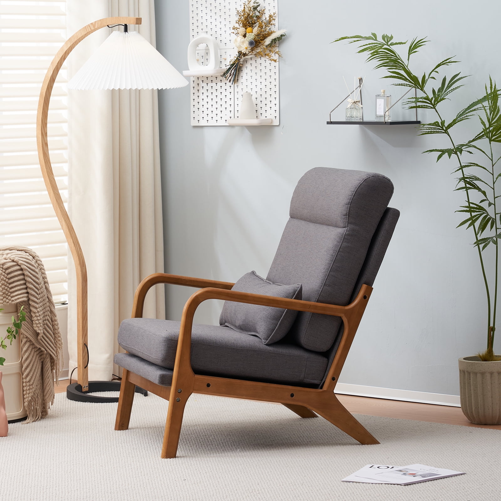 Dark Grey Velvet High-Back Accent Chair with Wood Frame