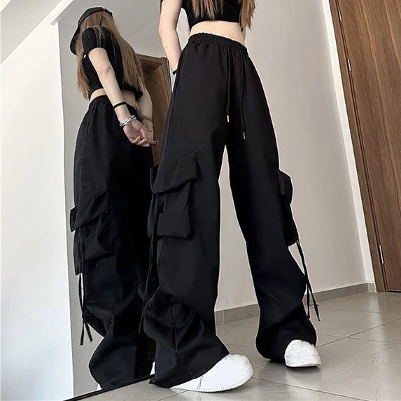 EaskTriop Baggy Cargo Pants for Women High Waisted Wide Leg Trousers with Pockets Elastic Drawstring Waist Casual Loose Streetwear Black Spring