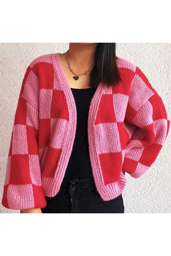 Cardigan Sweaters for Women Color Block Plaid Button Down Drop Shoulder V Neck Cardigan Long Sleeve Cable Knit Checkered Sweaters Tops Clothes