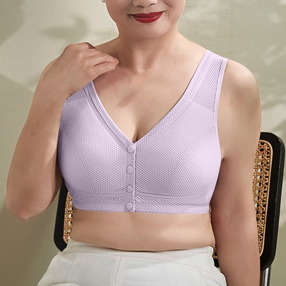 EaskTriop Front Closure Bras for Older Women Wireless Snap Button Mesh Breathable Support Bra for Seniors Push Up Anti Sagging Bralette