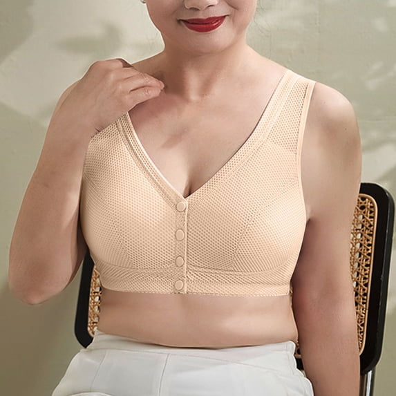EaskTriop Front Closure Bras for Older Women Wireless Snap Button Mesh Breathable Support Bra for Seniors Push Up Anti Sagging Bralette