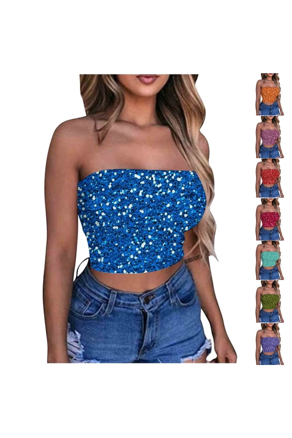 Glitter Strapless Tube Top for Women, Sparkly Sequin Bandeau Bra Crop Tank Top for Party Night Clubwear, Sports Bras