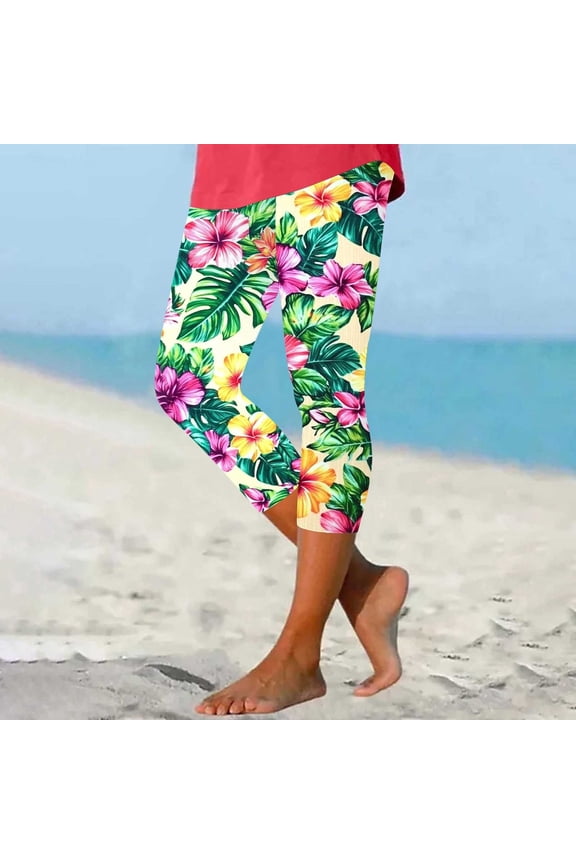 High Waisted Capri Leggings for Women Tropical Floral Print Stretchy Yoga Pants Summer Cropped Trousers Soft Comfort Lounge Slacks