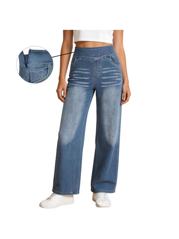 High Waisted Wide Leg Pants for Women Stretchy Denim Print Trousers Baggy Y2K Streetwear Casual Lounge Work Slacks with Pockets