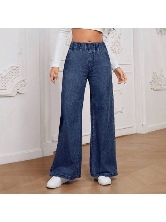 High Waisted Wide Leg Pants for Women Stretchy Pull On Denim Look Trousers Casual Loose Flowy Slacks for Summer Vacation