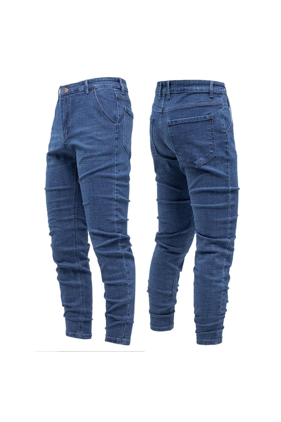 Men's Casual Comfort Stretch Tapered Pants, Synthetic Lightweight Jeans Look Trousers, Slim Fit 5-Pocket Classic Slacks