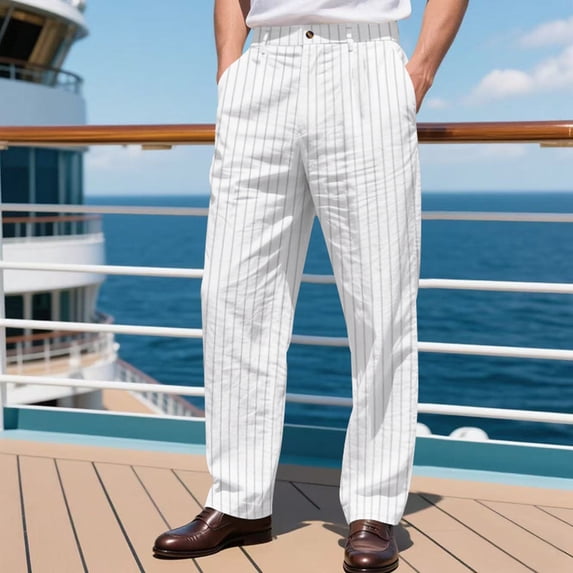 EaskTriop Men's Casual Striped Pants Relaxed Fit Flat Front Lightweight Trousers Pinstripe Straight Leg for Travel Cruise Outdoor Beach Pant