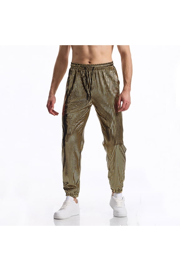 Men's Gold Metallic Jogger Sweatpants Lightweight Synthetic Track Pants for Hip Hop Dance Performance Tapered Fit with Pockets