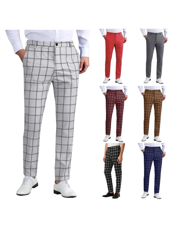 Men's Plaid Casual Pants Slim Fit Tapered Golf Trousers Fashion Stretch Performance Lightweight Wrinkle-Resistant Modern Trousers