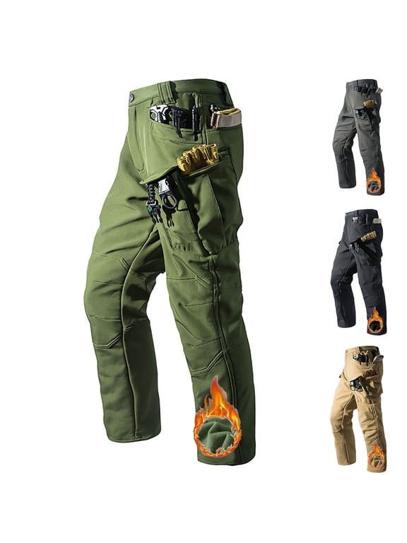 Men's Relaxed Fit Cargo Pants Fleece Lined, Heavy Duty Utility Trousers 6 Pockets, Warm Stretch Outdoor Hiking Fishing Pants
