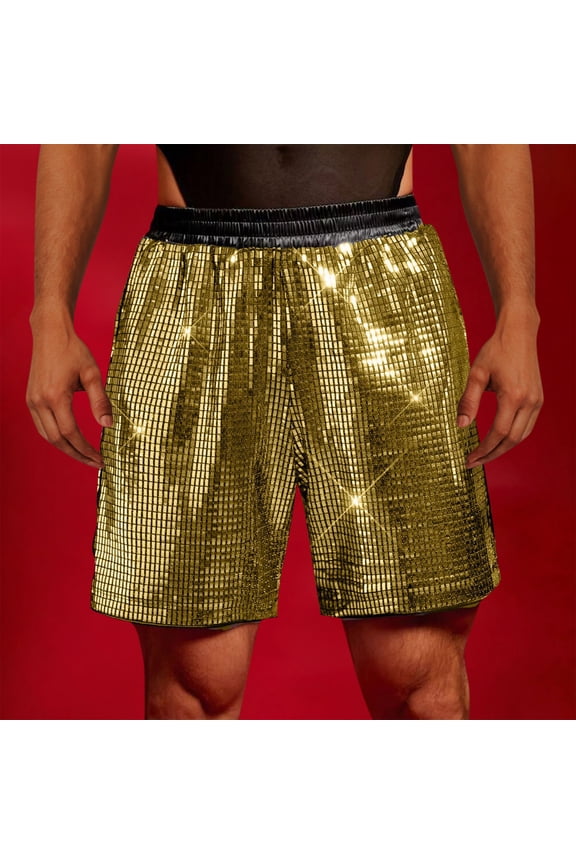 Men's Shiny Gold Metallic Sequin Athletic Shorts, Glitter Disco Rave Party Performance Shorts Lightweight Festival Stage Wear