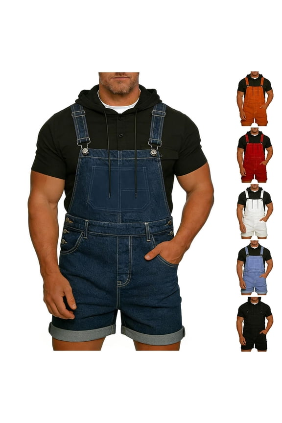 Men's Slim Fit Bib Overalls Shorts Stretch Casual Shortalls Jumpsuit Multi-Pocket Romper Summer Pocket Washed Suspender Pants